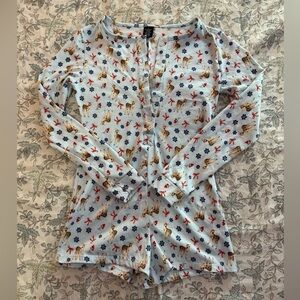 size small Pajama romper with Reindeer, bows and Snowflake Print